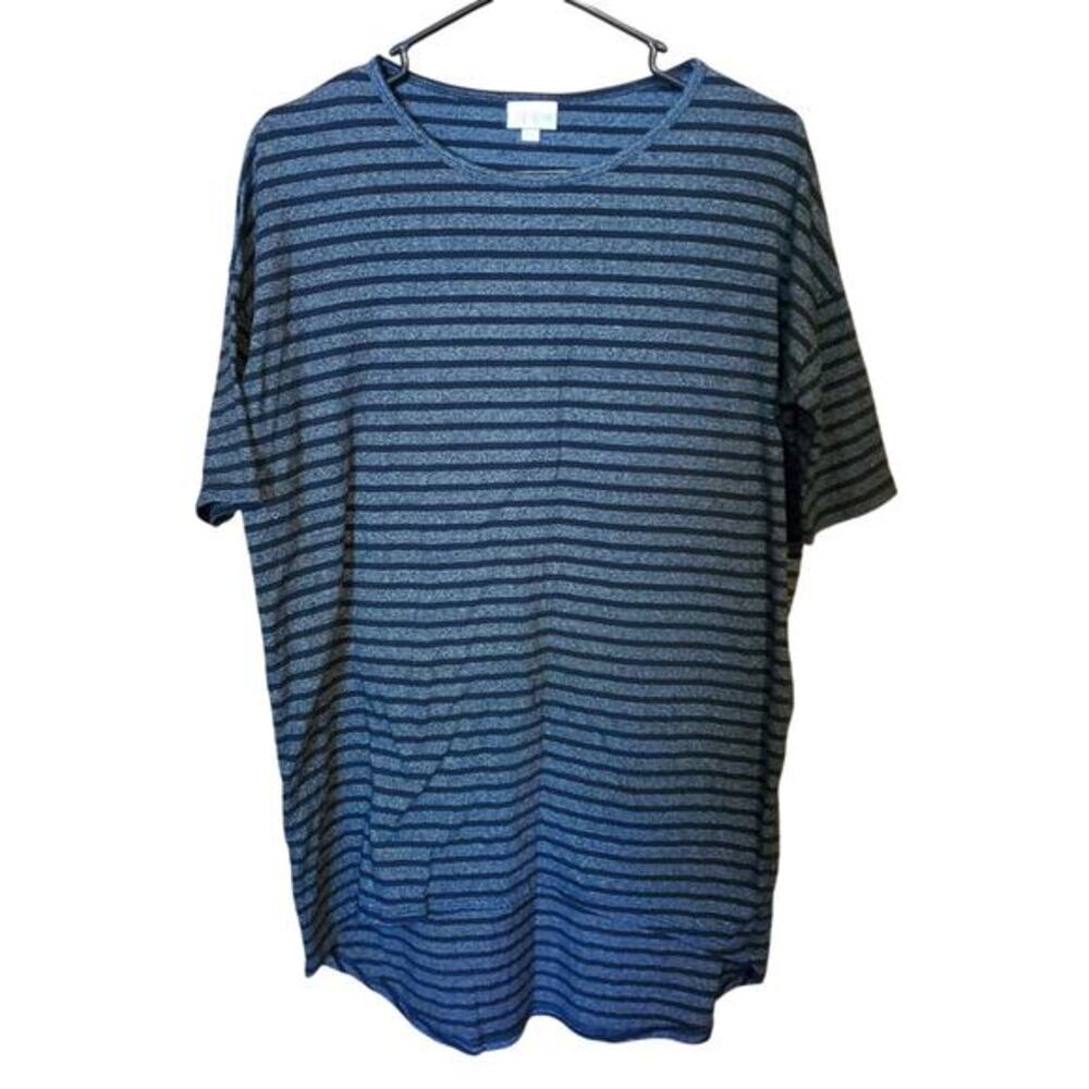 LuLaRoe Irma Tunic Top Womens Sz XXS Blue Gray Stripe High Low‎ Shirt Tee